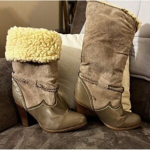 Vintage Suede Faux Fur Boots Fringe Tassel Festival Hippie Boho 70s Cream sz 5B
